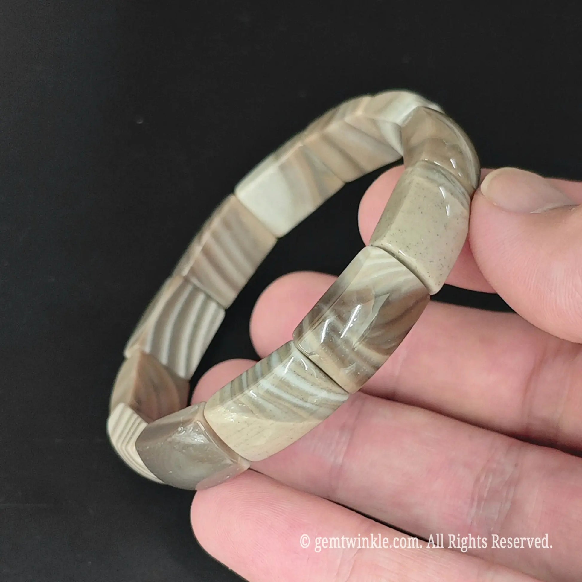 Banded Striped Flint Gemstone Rectangle Bar Bracelet 17cm