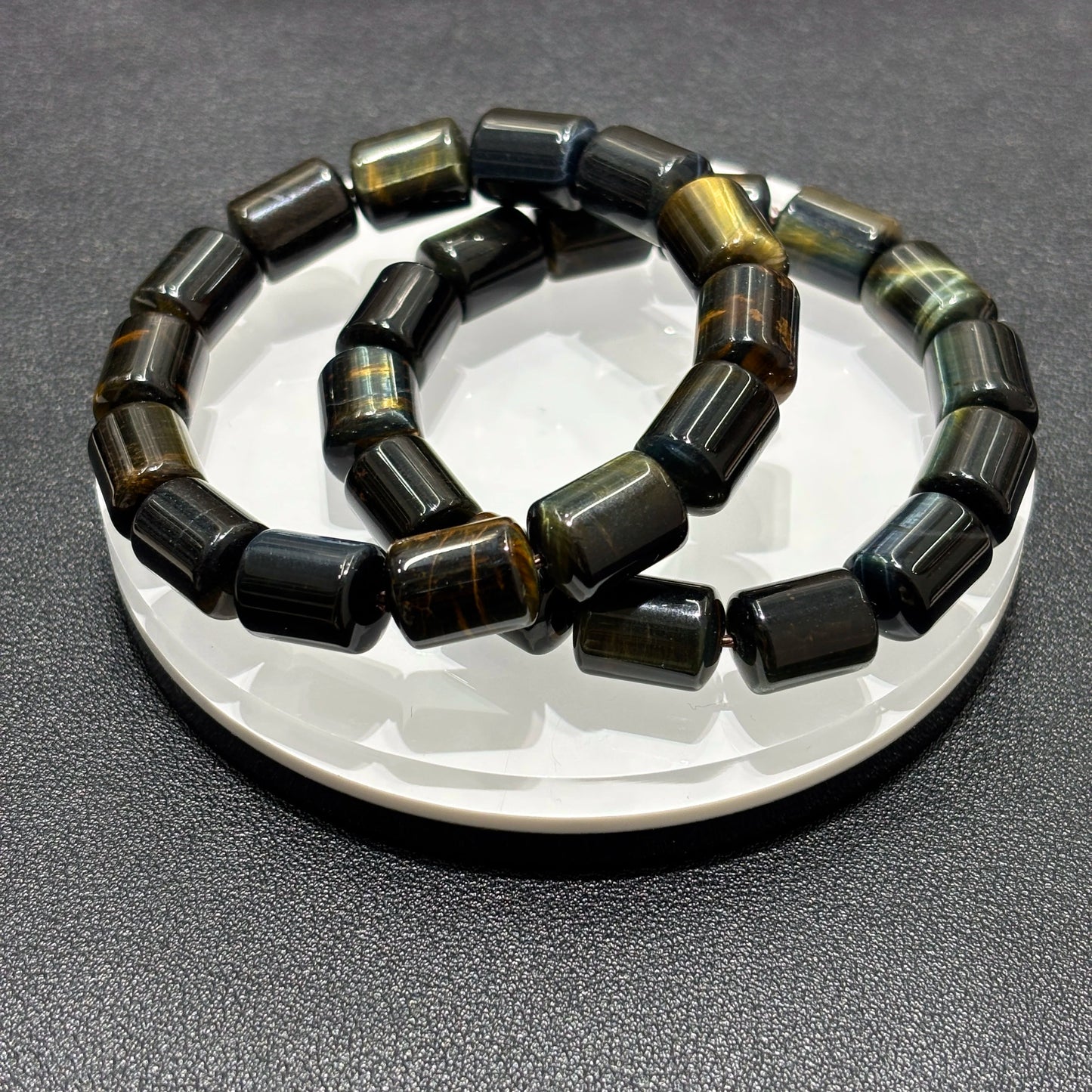 Yellow Blue Tiger Eye Cylinder Bead Bracelet Set on White Plate, Different Angle, 18cm Stretch, Elegant Boho Jewelry, Lucky Souvenir Gift