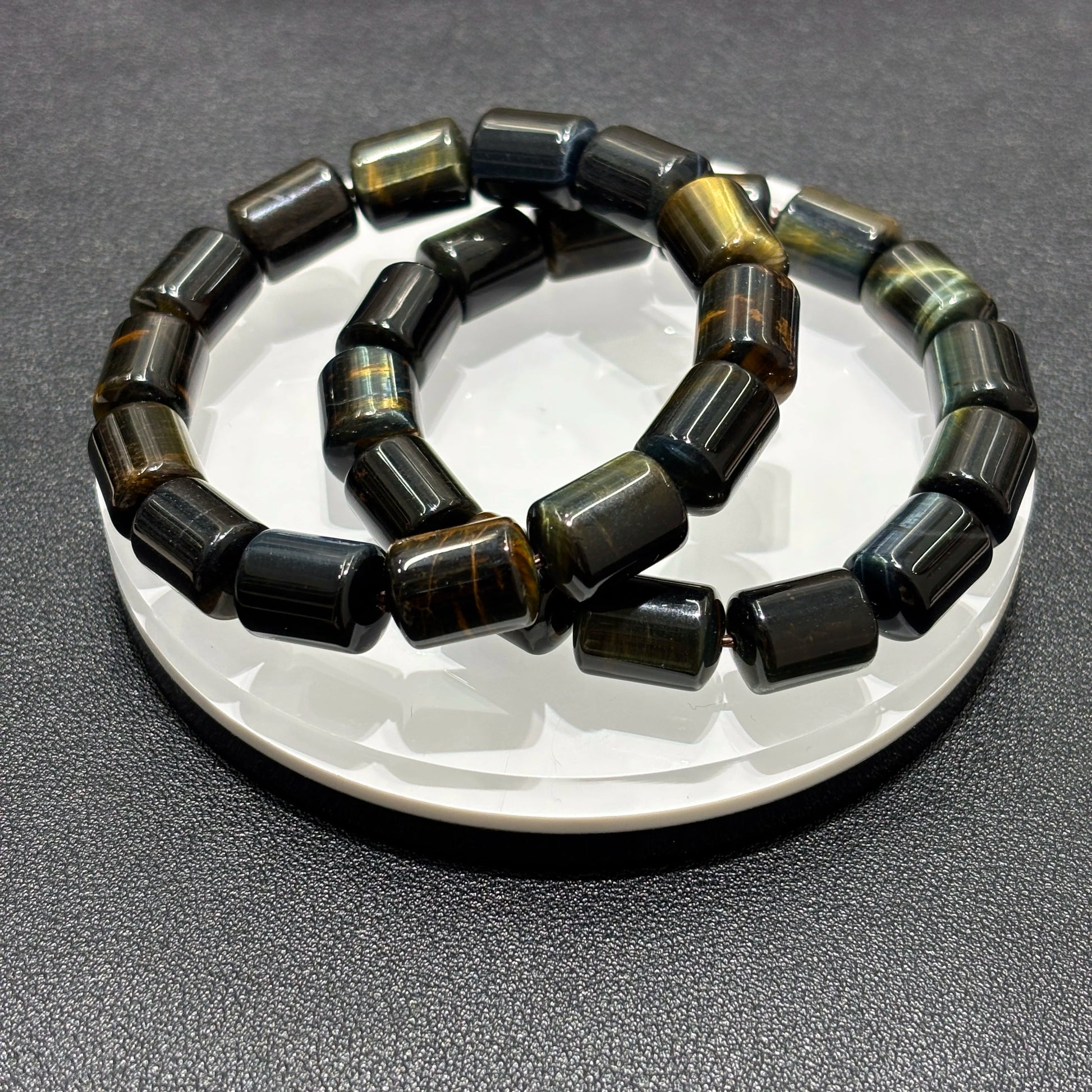 Yellow Blue Tiger Eye Cylinder Bead Bracelet Set on White Plate, Different Angle, 18cm Stretch, Elegant Boho Jewelry, Lucky Souvenir Gift