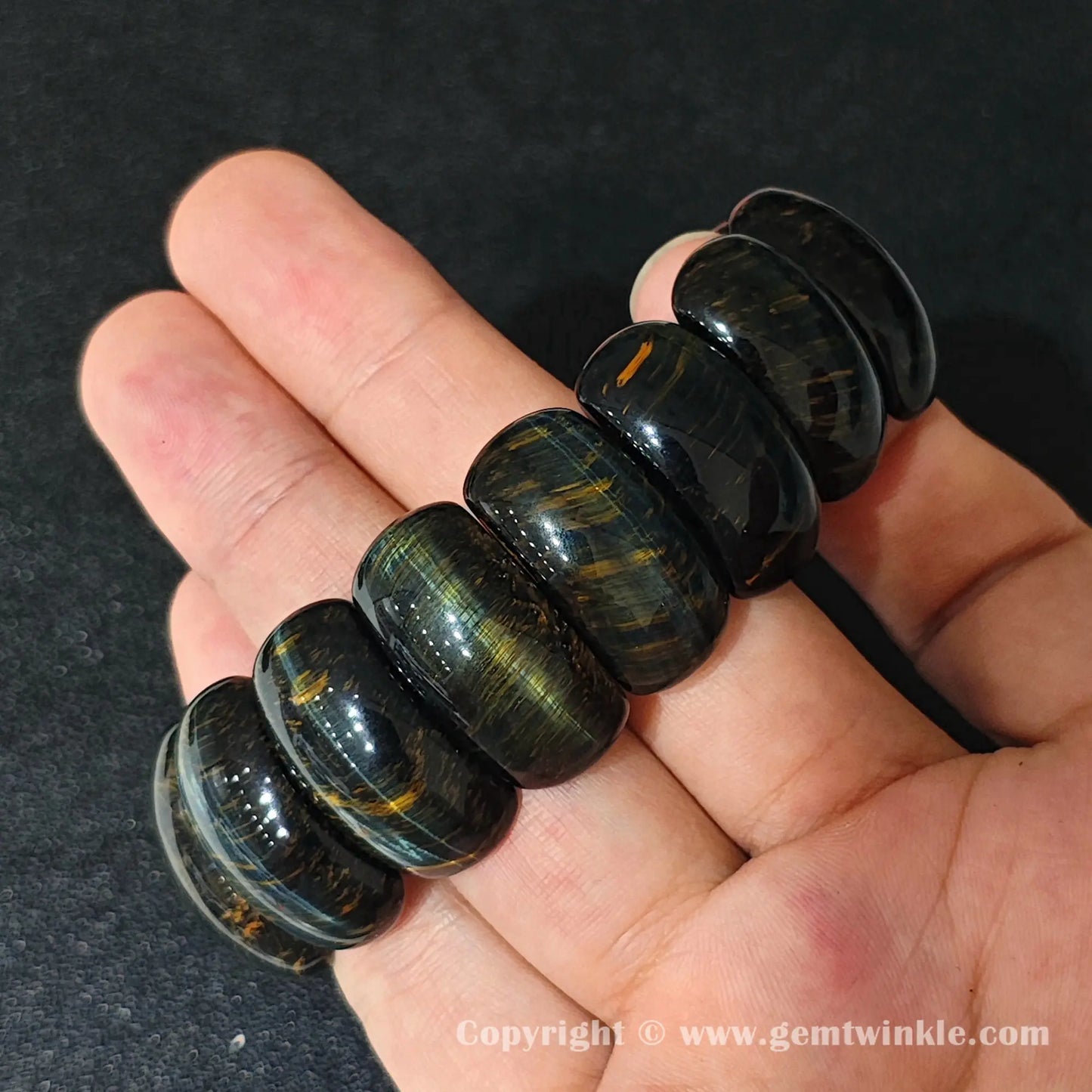 yellow blue tigers eye crescent moon bead bracelet worn on wrist showcasing 18cm comfortable fit