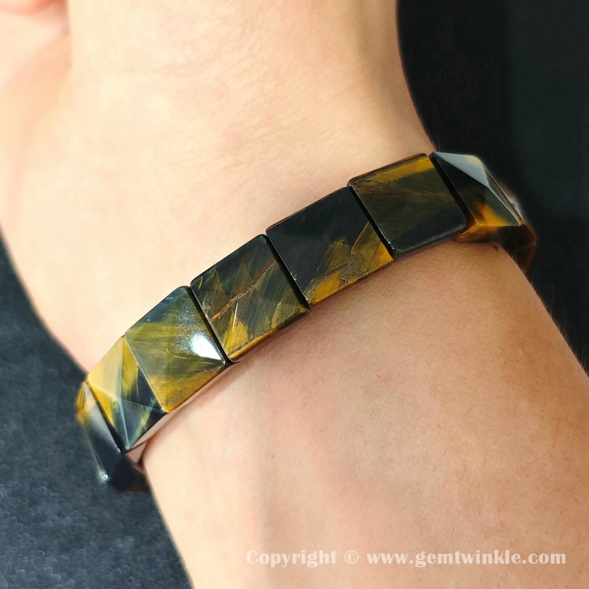 yellow blue tigers eye square pyramid bracelet worn on wrist showcasing 16-17cm comfortable fit