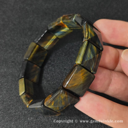yellow blue tigers eye square pyramid bracelet worn on wrist showing 17-18cm comfortable fit
