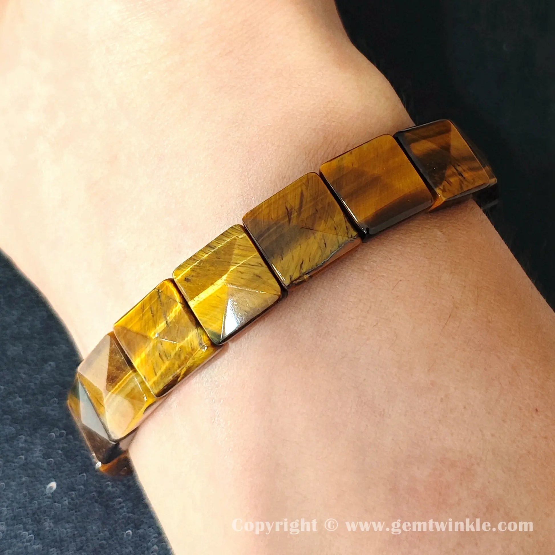 yellow tigers eye square pyramid bracelet worn on wrist showcasing 16-17cm comfortable fit