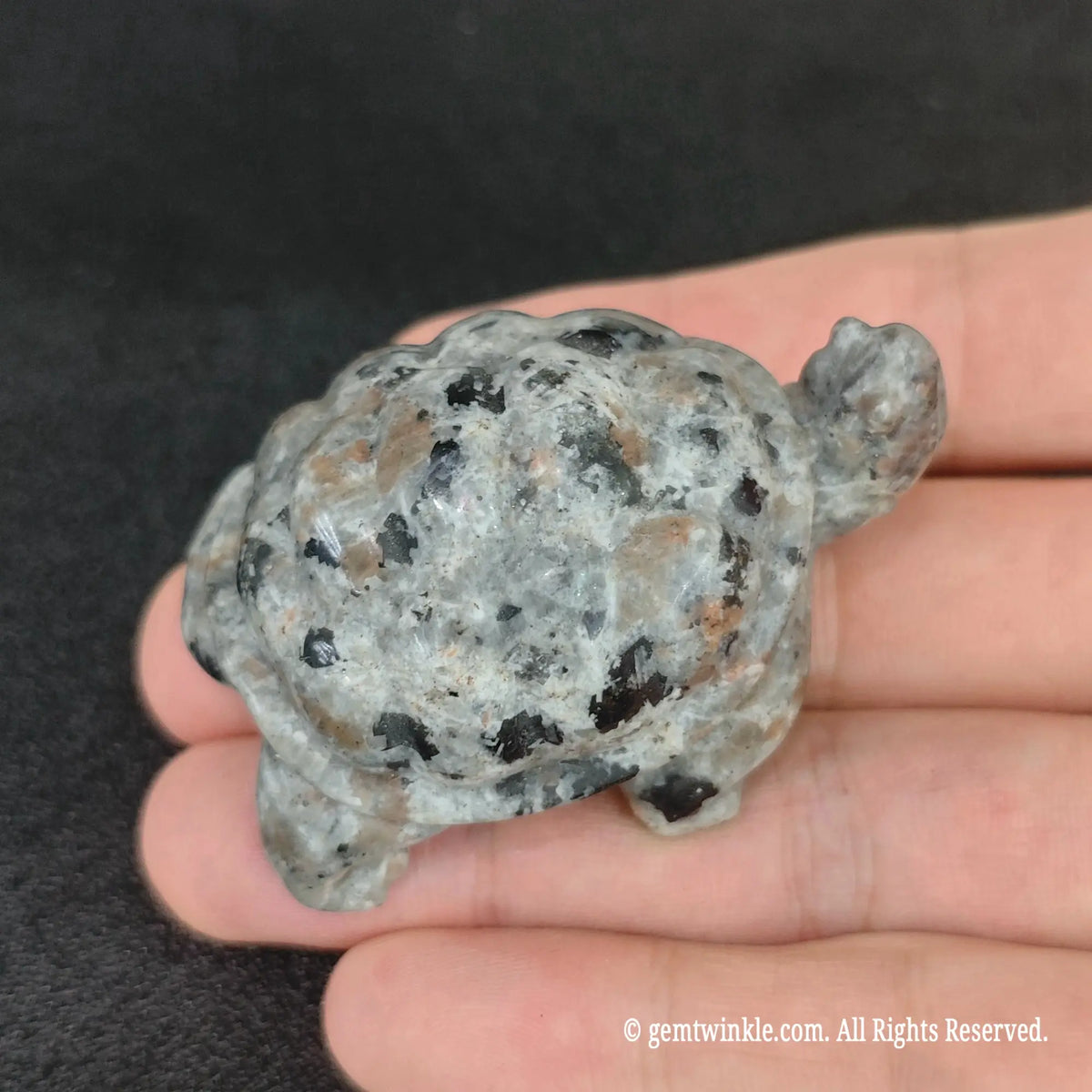 Full view of a yooperlite turtle totem desk decor sculpture showing compact 5cm carved size