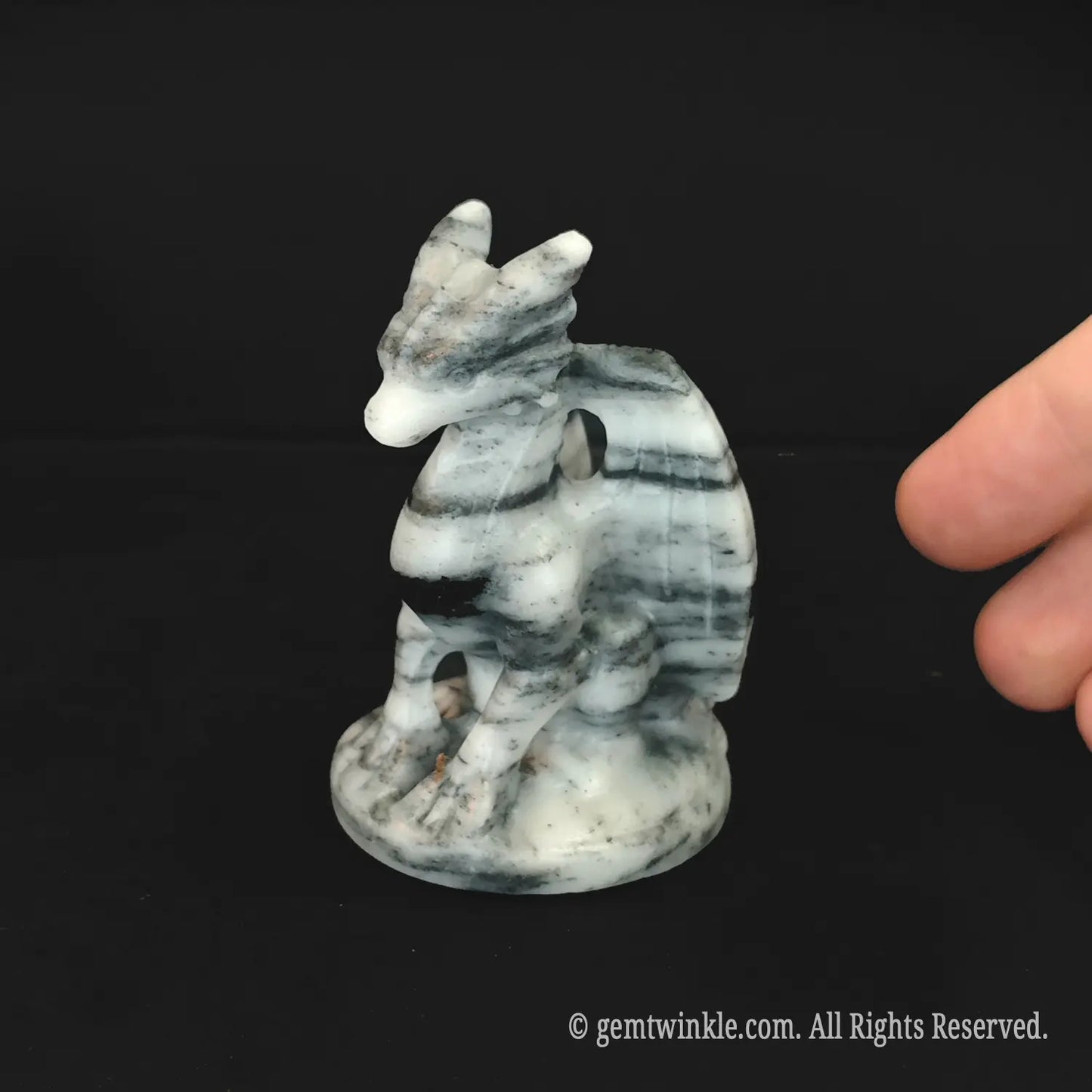 Zebra stone dragon statue side profile