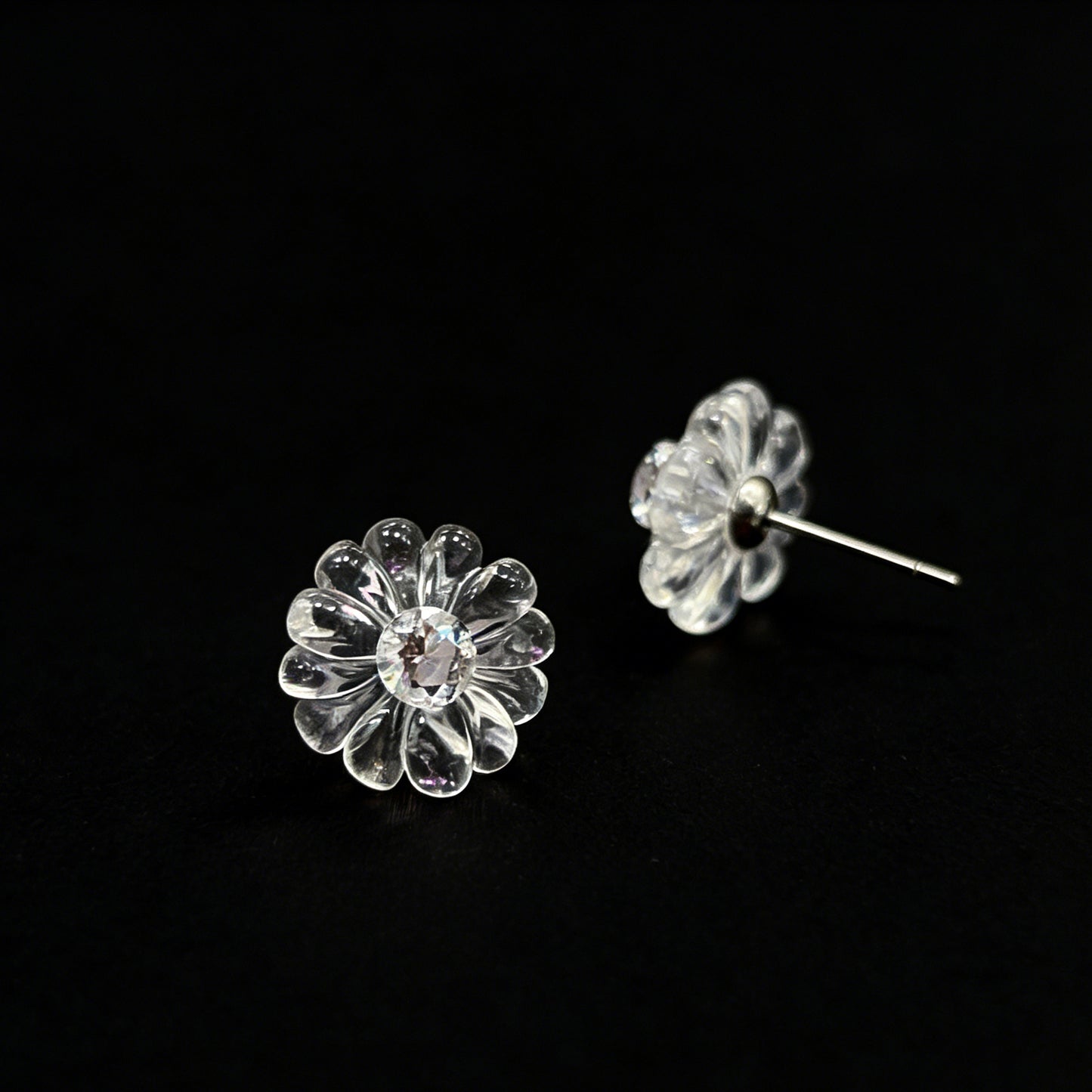 Detail of Zircon Center and 925 Sterling Silver Post on Flower Earrings