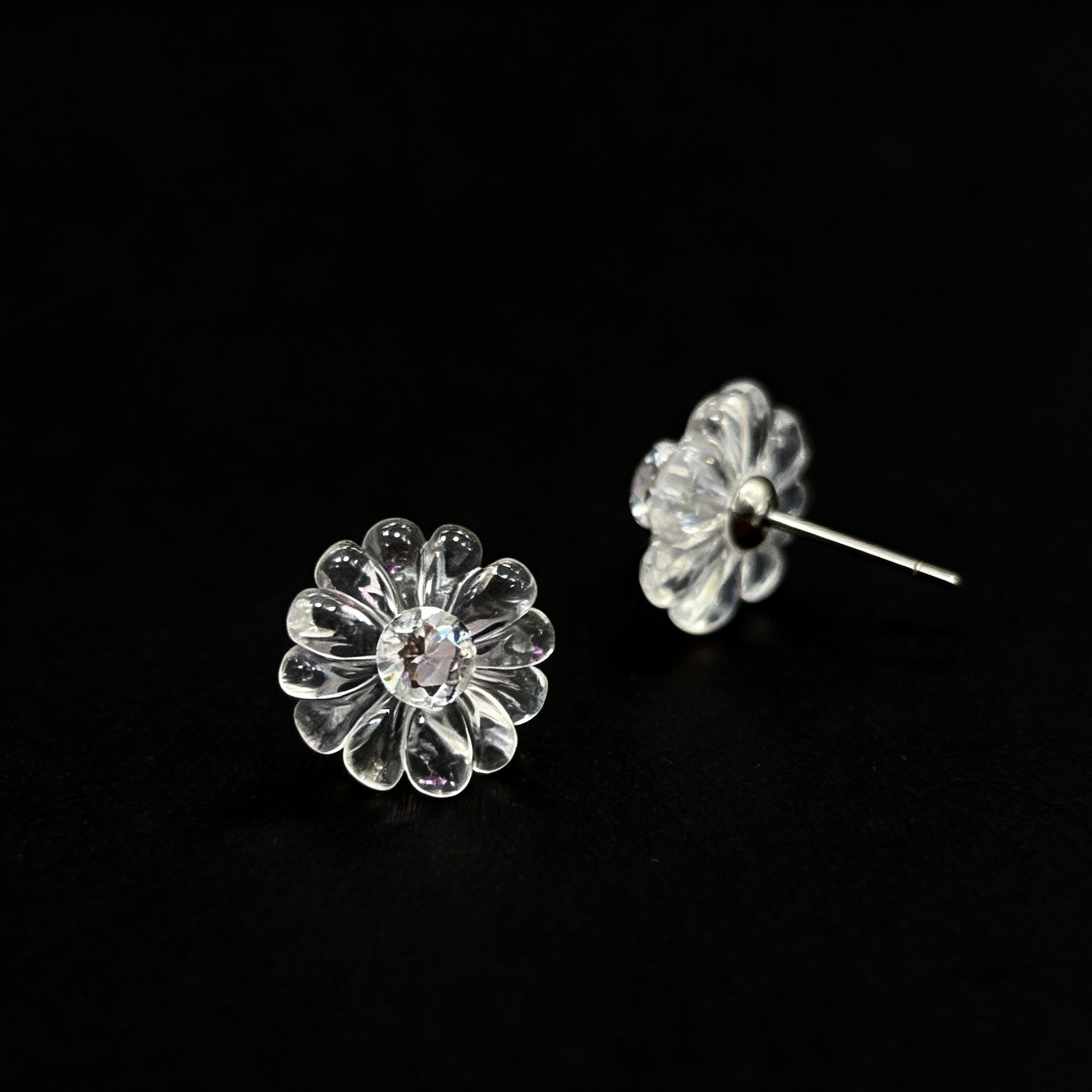 Detail of Zircon Center and 925 Sterling Silver Post on Flower Earrings